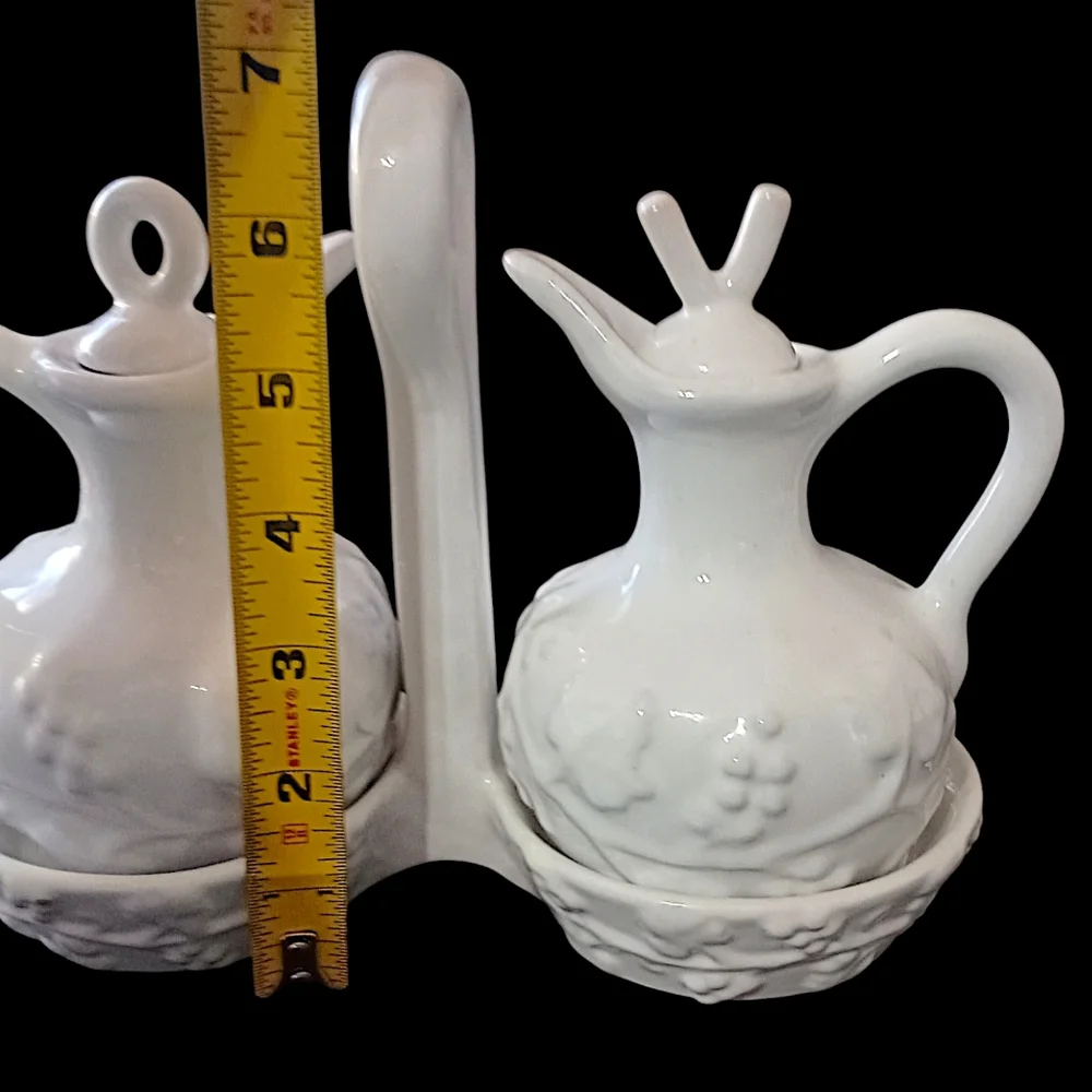 PV Italy Pottery Cruet Set White Oil Vinegar‎ Carrier Embossed Peasant Village